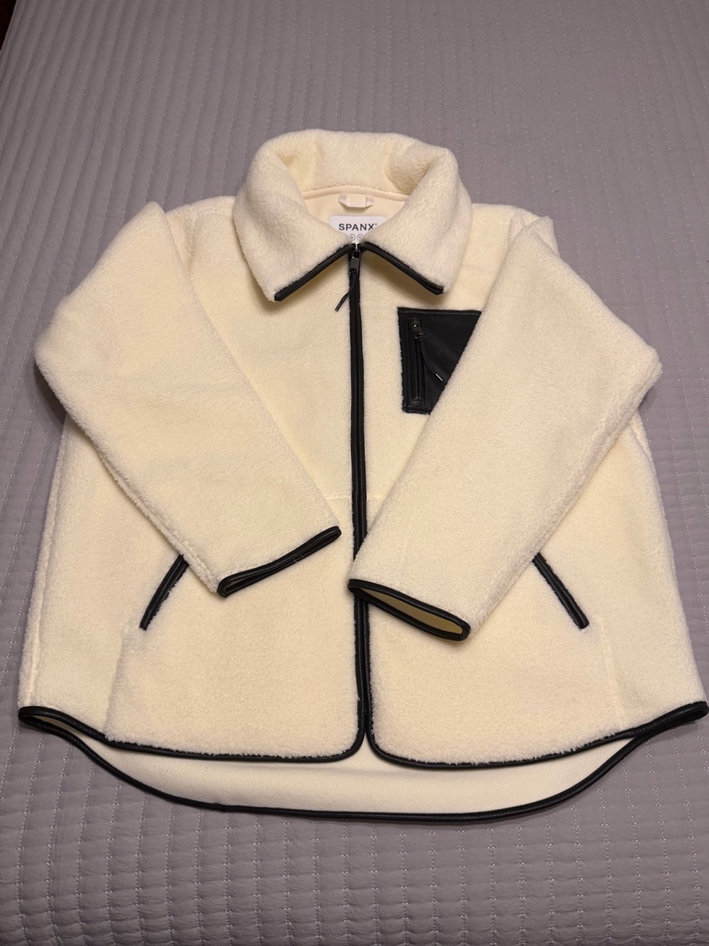 SPANX Cream Sherpa Full Zip Jacket Frosted Ivory Black Trim Women’s XL
